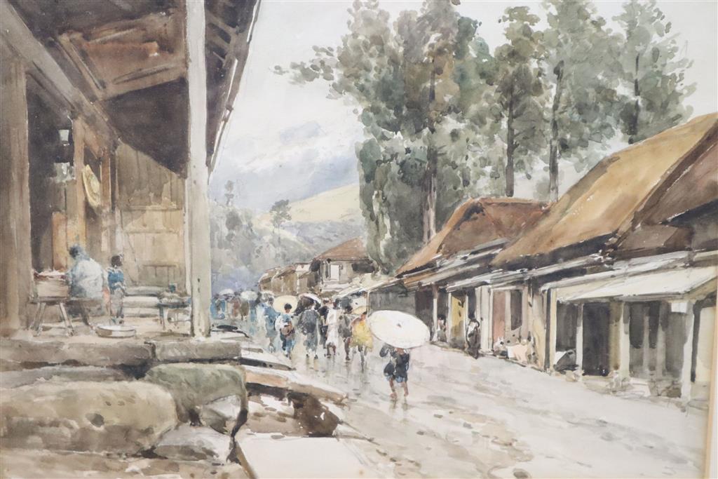 John Varley Junior (c.1850-1899), watercolour, A Rainy Day in Nikko Street, Japan, signed and dated 90, labelled verso, 26 x 35cm